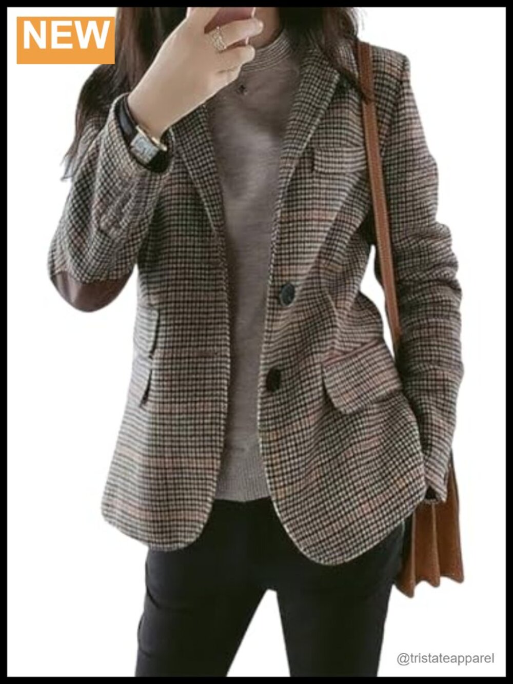 Womens Plaid Houndstooth Blazer Patched Elbow Slim Fit Notch Lapel